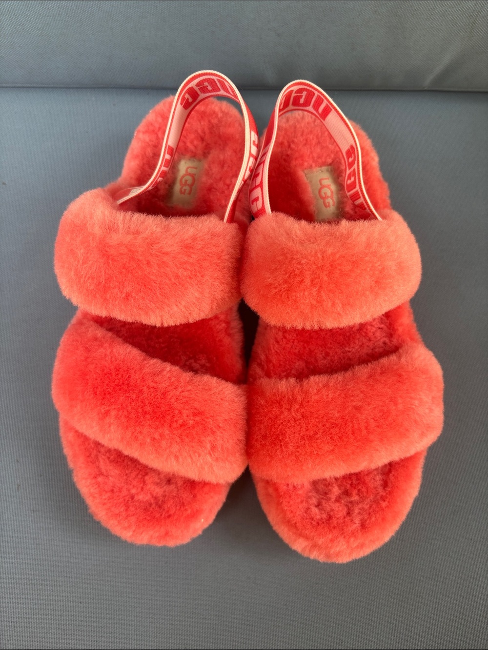 UGG Oh Yeah Pop Coral Fluffy Sheepskin Slides Women's Size 7